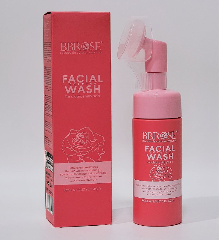 LIMPIADOR FACIAL EN ESPUMA DE ROSA Y ACIDO SALICILICO, LAVADO DE CARA QUE SUAVIZA Y REVITALIZA LA PIEL E HIDRATA TODO TIPO DE PIEL, CEPILLO SUAVE BBROSE FACIAL WASH 150ML\