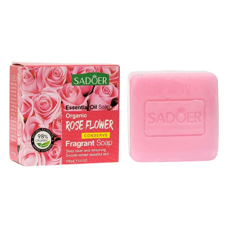 JABON CORPORAL EN BARRA AROMATICO DE FLOR DE ROSA ORGANICO, PARA TODO EL CUERPO, ESPUMA RICA, LIMPIEZA PROFUNDA, CONTROL DE GRASA SADOER 100G