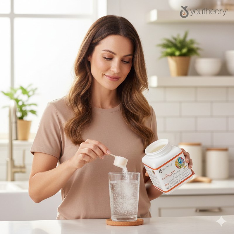 VITAMIINAS EN POLVO DE COLAGENO SABOR VAINILLA PARA LA PIEL, PELO Y UÑAS YOUTHEORY 133G