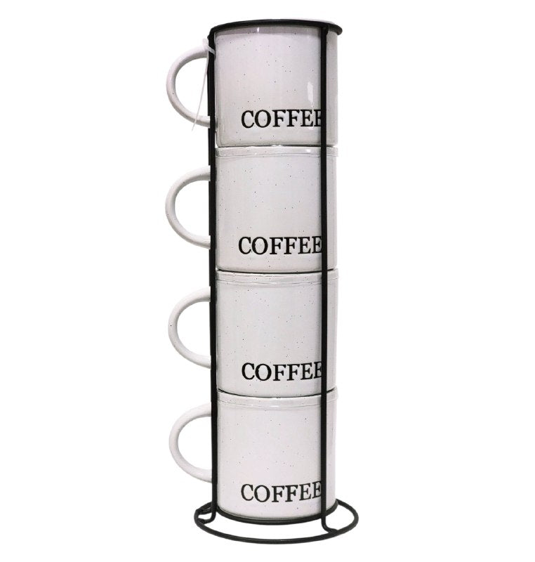 JUEGO DE 4 TAZAS DE CAFE APILABLES DE CERAMICA CON ESTANTE DE METAL ELEGANTES MINIMALISTAS 9X9CM