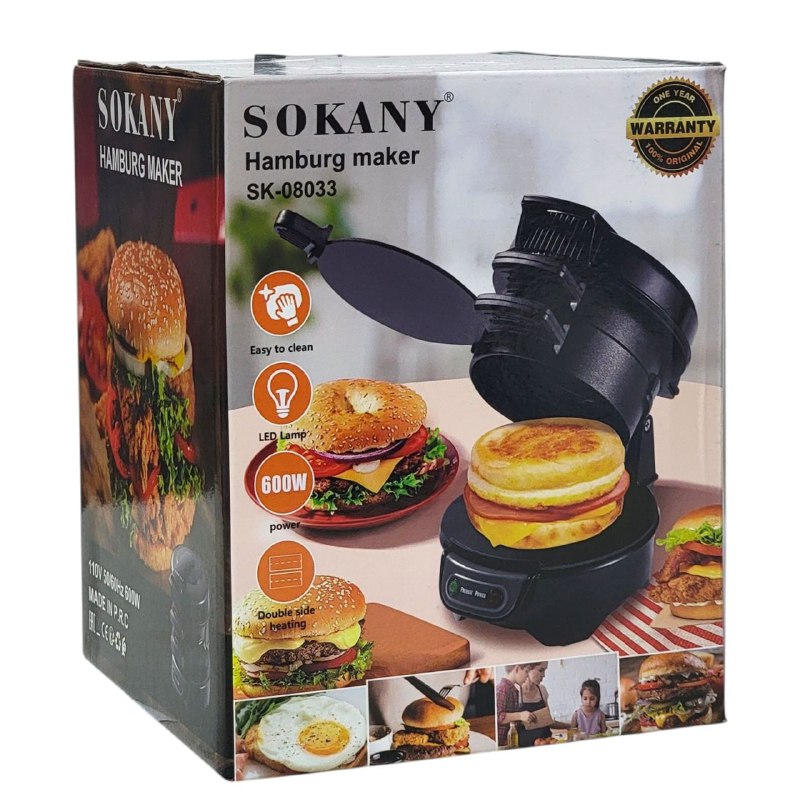 MAQUINA PARA HACER HAMBURGUESAS, SK-08033, RECUBRIMIENTO ANTIADHERENTE, CUERPO DE PLASTICO RESISTENTE AL CALOR, 600W FUERZA SOKNAY