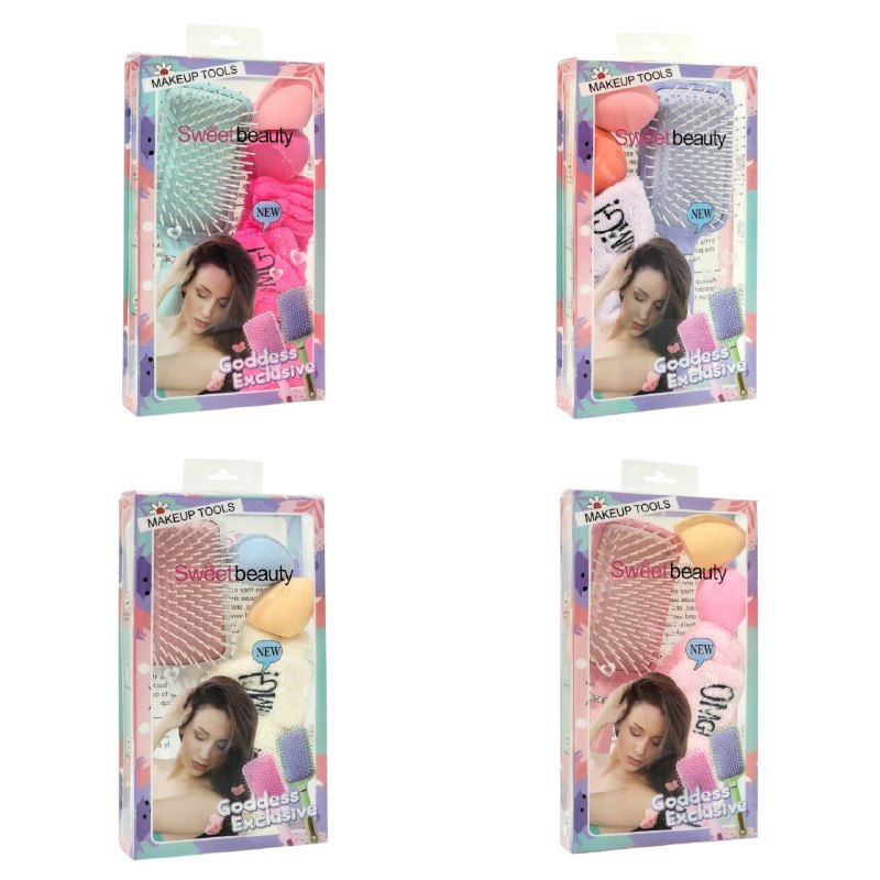 KIT DE CUIDADO FACIAL Y DE CABELLO, CEPILLO DESENREDANTE, ESPONJA MAQUILLAJE, VINCHA ELASTICA, 4 COLORES SWEET BEAUTY