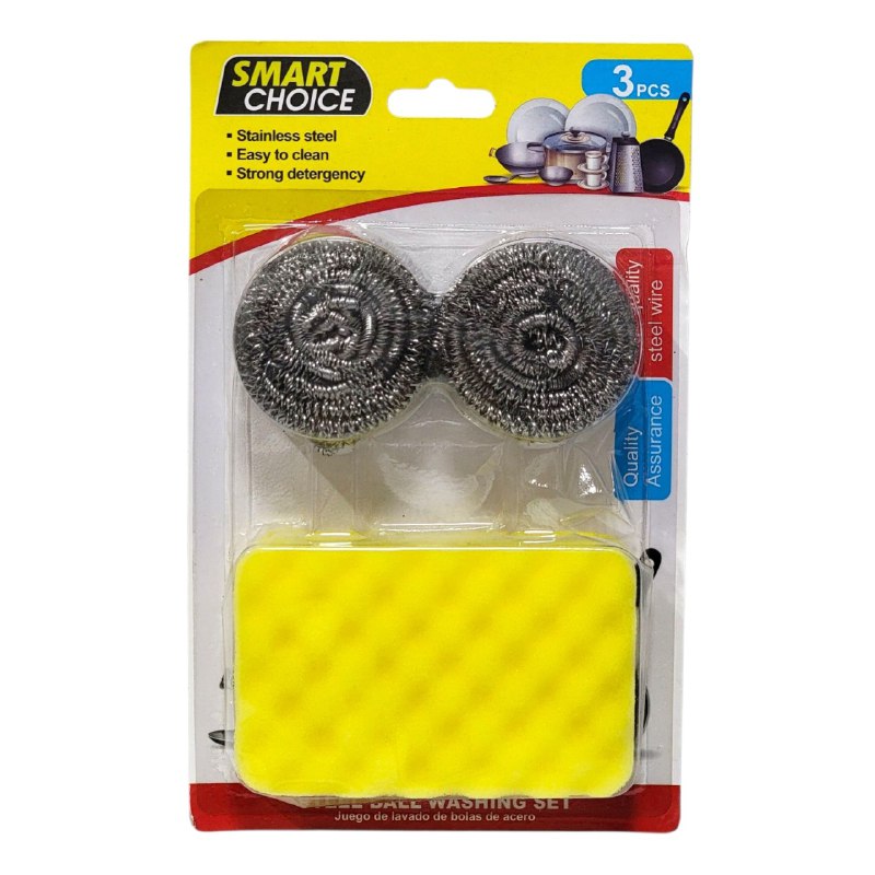 ESPONJA EN SET DE LAVADO DE BOLAS DE ACERO INOXIDABLE LAVA PLATOS SMART CHOICE, 3 COLORES