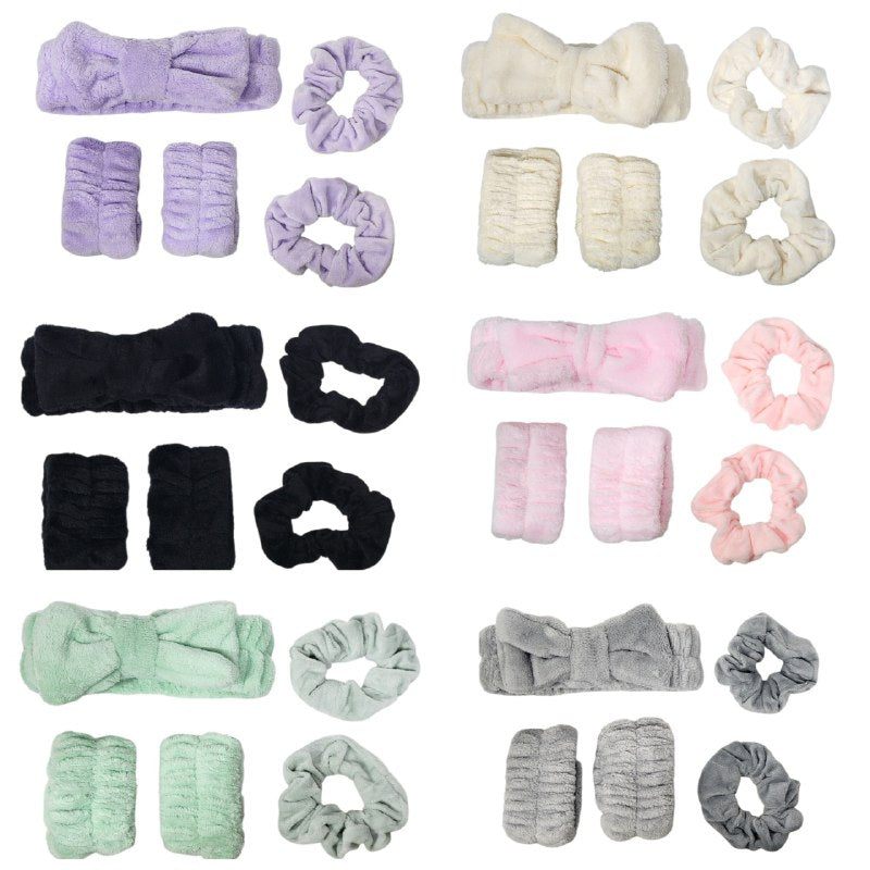 KIT DE CUIDADO FACIL, VINCHA ELASTICA CON MOÑO, PAR DE COLAS DE PELO Y MUÑEQUERAS DE MICROFIBRA, 6 COLORES