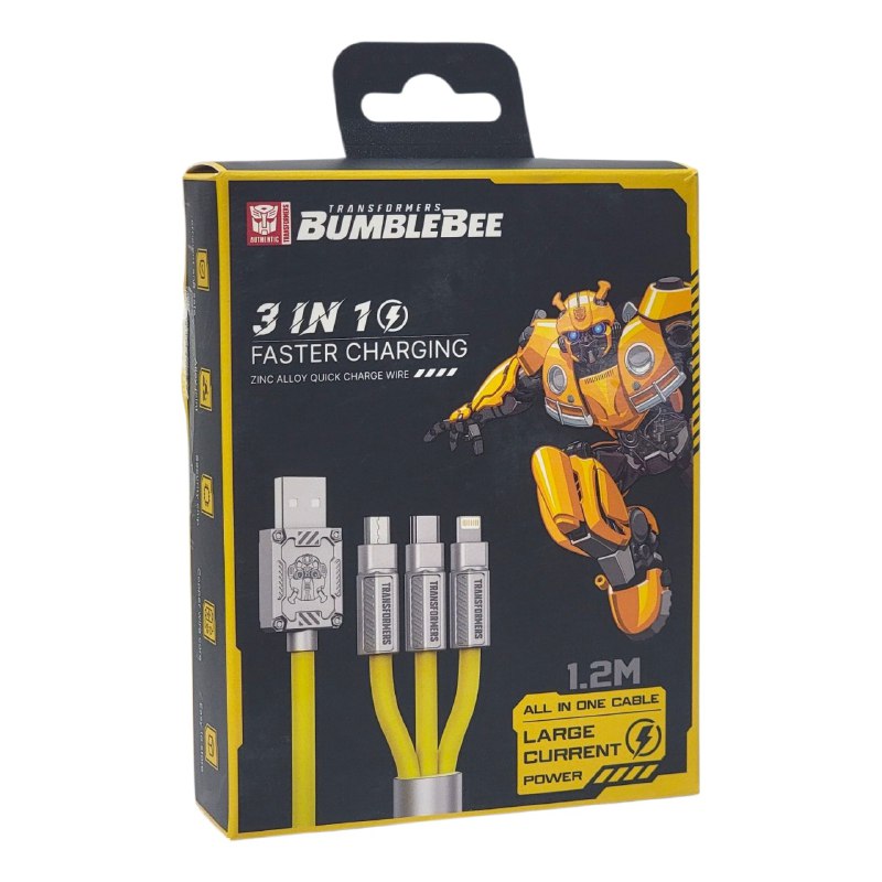 CABLE USB DE CARGA RAPIDA MULTIPLES ENTRADAS 3 EN 1 DE 1.2M, DE ALEACION DE ZINC, EFICIENTE Y SEGURO CON CHIP DE SEGURIDAD TRANSFORMERS BUMBLEBEE