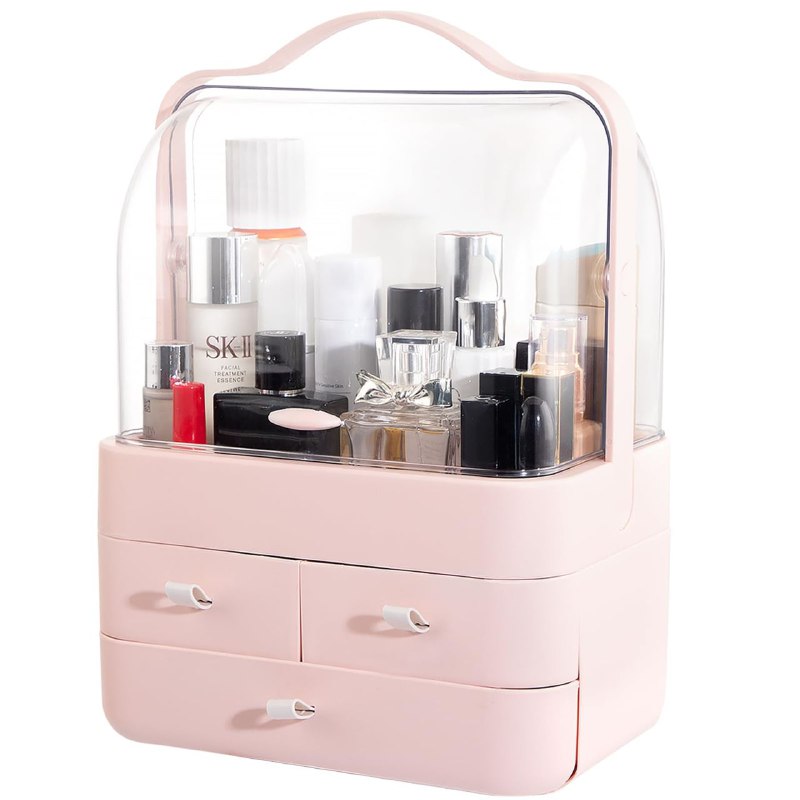 ORGANIZADOR ESTANTE DE COSMETICOS, MAQUILLAJE CAJA DE ALMACENAMIENTO CON CUBIERTA LIBRE DE POLVO, MANGO, PORTATIL, TAPA IMPERMEABLE COLOR ROSADO