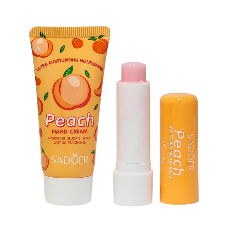 SET DE CUIDADO CORPORAL CREMA DE MANOS Y BALSAMO LABIAL CON FRAGANCIA A MELOCOTON 2PCS SADOER