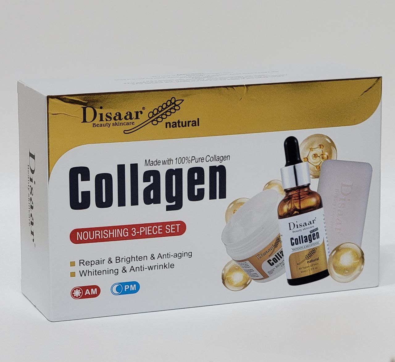 SUERO FACIAL EN SET NUTRITIVO DE 3 PIEZAS, ILUMINA, ANTIENVEJECIMIENTO, BLANQUEA, ANTIARRUGAS JABON COLAGENO 100G, SUERO FACIAL COLAGENO 30ML, CREMA FACIAL COLAGENO 80G DISAAR