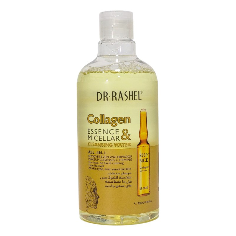 AGUA MICELAR LIMPIADORA CON ESENCIA DE COLAGENO, ELIMINA EL MAQUILLAJE A PRUEBA DE AGUA, LIMPIA Y REAFIRMA SIN ENJUAGUE DR RASHEL 350ML