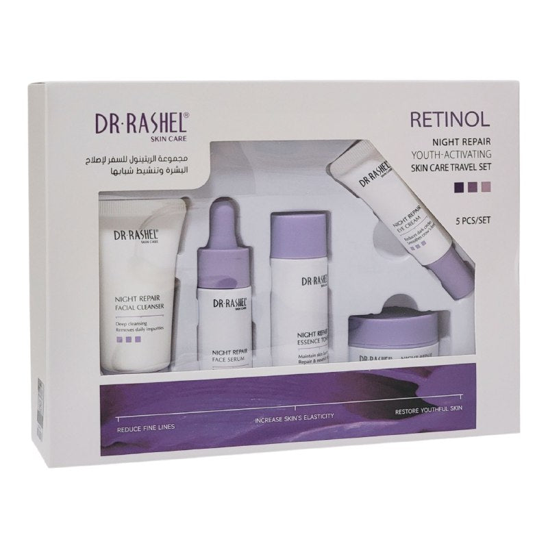 SET DE CUIDADO FACIAL DE 5 PIEZAS CON RETINOL REJUVENECEDOR DR RASHEL, LIMPIADOR 30G, TONICO 30ML, SUERO FACIAL 20ML, CREMA DIA 15G, CREMA NOCHE 10G
