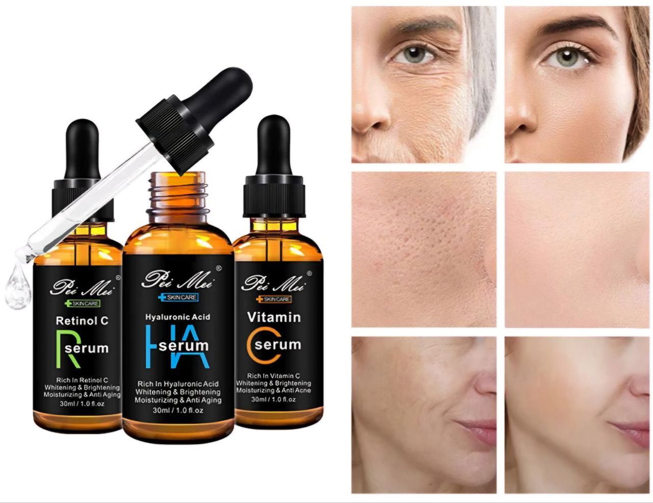 SUERO FACIAL EN SET, TRES PODEROSAS FORMULAS PARA PIEL HERMOSA Y SANA TODOS LOS DIAS, SUERO BLANQUEADOR VITAMINA C 30ML, SUERO HIDRATANTE ACIDO HIALURONICO 30ML, SUERO ANTIENVEJECIMIENTO RETINOL 30ML PEI MEI SKIN CARE