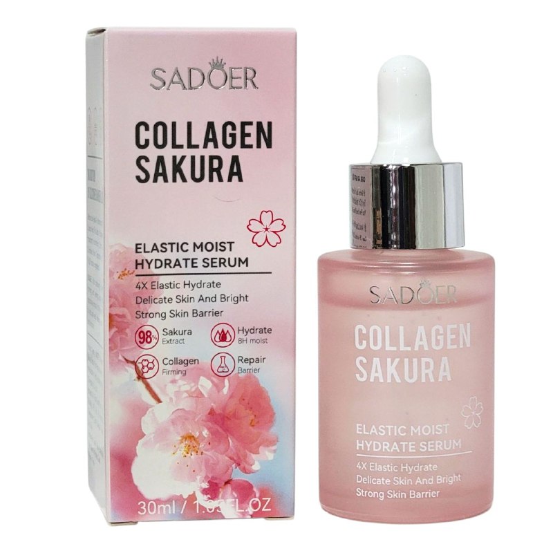 SUERO FACIAL DE COLAGENO Y SAKURA, DA TEXTURA HIDRATANTE, DE FACIL ABSORCION Y NUTRITIVA, BLANQUEA LA PIEL Y LA DEJA SUAVE SADOER 30ML