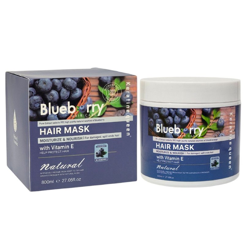 MASCARA PARA EL CABELLO 800 ML ARANDANO HIDRATANTE, PARA EL CABELLO DAÑADO CON PUNTAS ABIERTAS, CON VITAMINA E Y COLAGENO, HIDRATA DANDO SUAVIDAD Y BRILLO KERATINE QUEEN 800ML