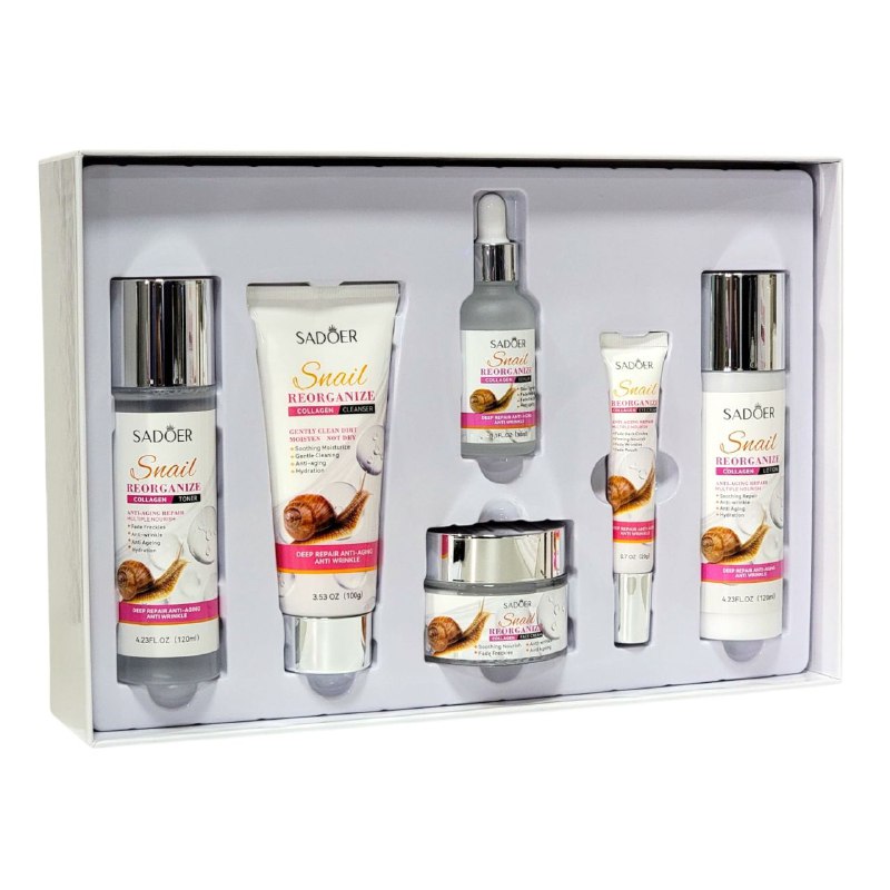 SET DE CUIDADO FACIAL DE CARACOL DE 6 PIEZAS, EFECTO REPARADOR CON COLAGENO, ANTIEDAD SADOER SNAIL REORGANIZE