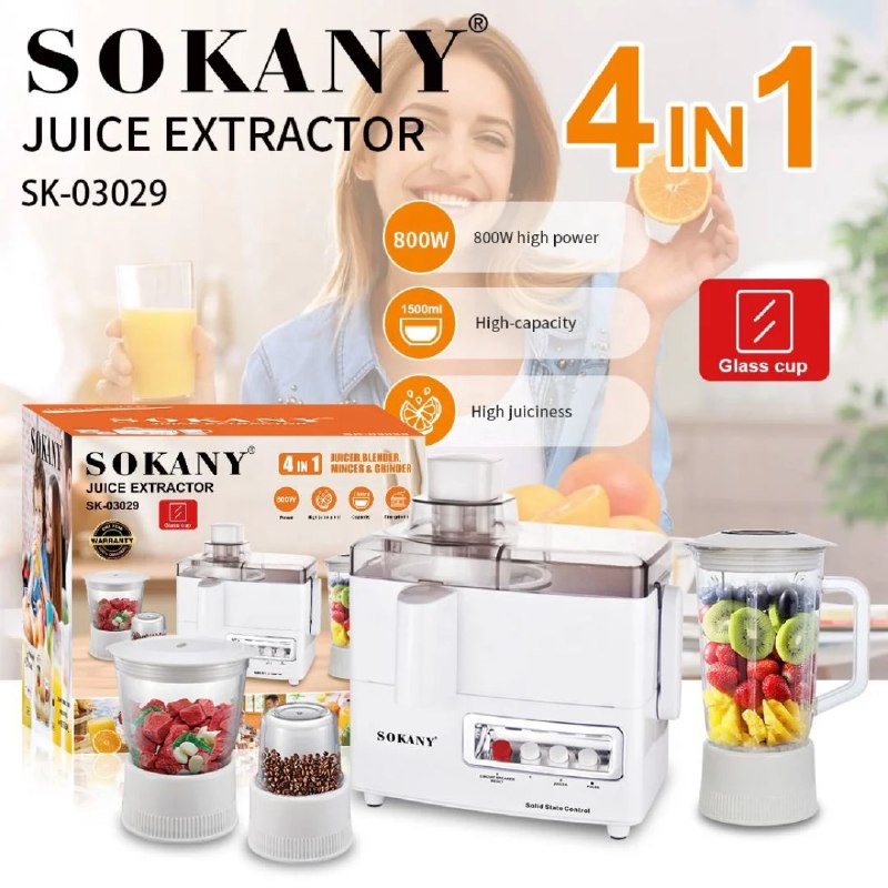 MAQUINA EXTRACTOR DE JUGO 4 EN 1, SK-03029, SOBRECARGA AUTOMATICA, MOTOR DE ALTA POTENCIA 800W, INTERRUPTOR SEGURO SOKANY