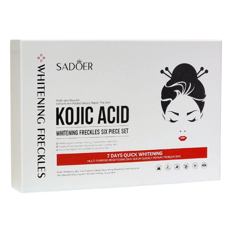 SET DE CUIDADO FACIAL DE ACIDO KOJICO DE 6 PIEZAS, EFECTO BLANQUEADOR, REPARADOR Y REDUCTORA DEL ACNE SADOER KOJIC ACID WHITENING FRECKLES