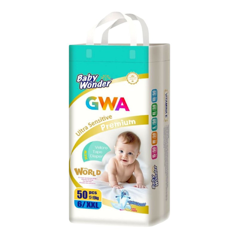PAÑALES PARA NIÑOS PREMIUM CON TECNOLOGIA ABSORBENTE GWA 50UND TALLA 6/XXL DE 17-19KG