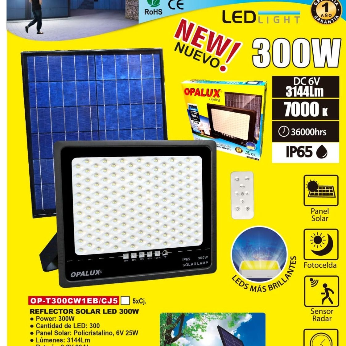 LUZ LED, LÁMPARA SOLAR CON SENSOR DE MOVIMIENTO Y PANEL SOLAR 300WATT CON PANEL