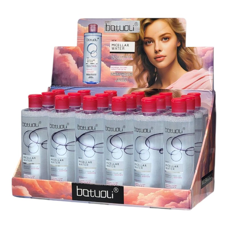 AGUA MICELAR DESMQUILLANTE, LIMPIA Y PURIFICA LA PIEL NORMAL A MIXTA SENSIBLE, PARA ROSTRO, OJOS Y LABIOS REFRESCANTE E HIDRATANTE BATOULI 400ML (DUPE DE BIODERMA)