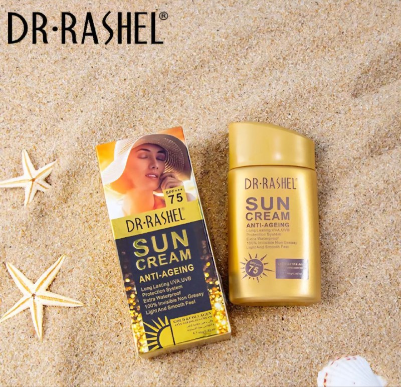 PROTECTOR SOLAR EN BARRA, ANTIEDAD CON ORO Y COLAGENO SPF75, TENSA LA PIEL Y PREVIENE DAÑOS DE RADIACION, EFECTO HIDRATANTE DR RASHEL 80G
