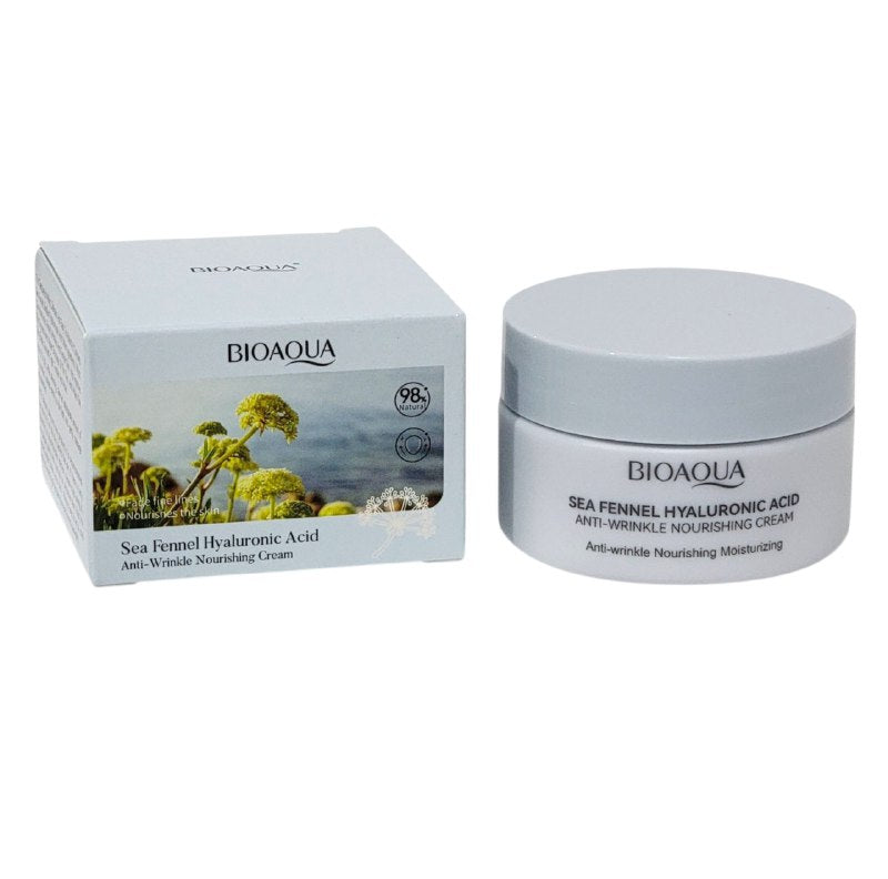 CREMA FACIAL DE ACIDO HIALURONICO DE HINOJO MARINO HIDRATANTE 60G, CON TEXTURA HUMEDA Y FACIL ABSORCION PARA HIDRATAR PROFUNDAMENTE, REDUCIR ARRUGAS Y CUIDAR LA PIEL SENSIBLE DEJANDOLA SUAVE BIOAQUA