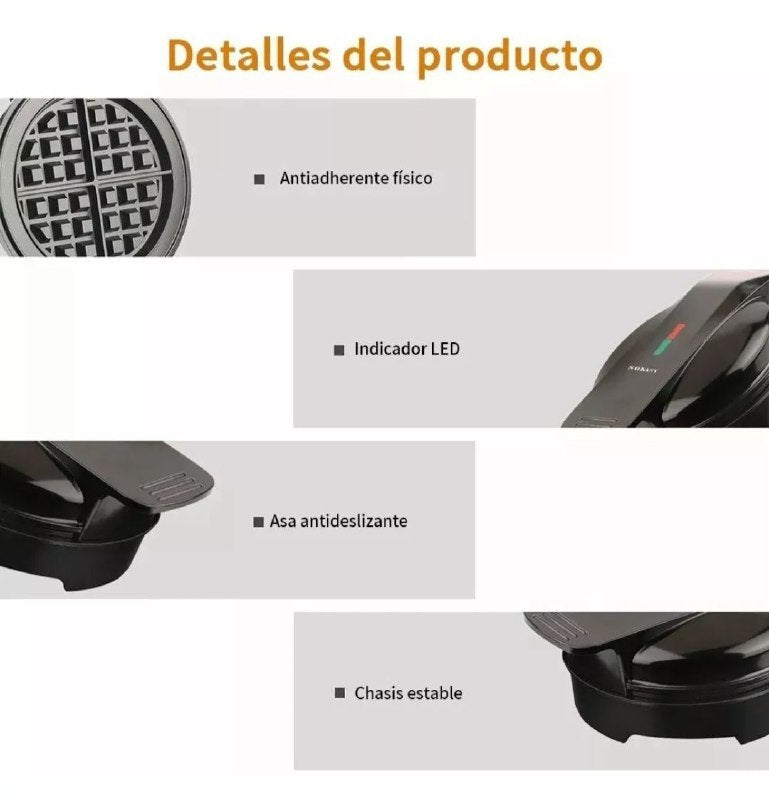 MAQUINA WAFFLERA REDONDA DE 1000W DE POTENCIA Y CALENTAMIENTO ULTRARAPIDO UNIFORME SK-519 SOKANY