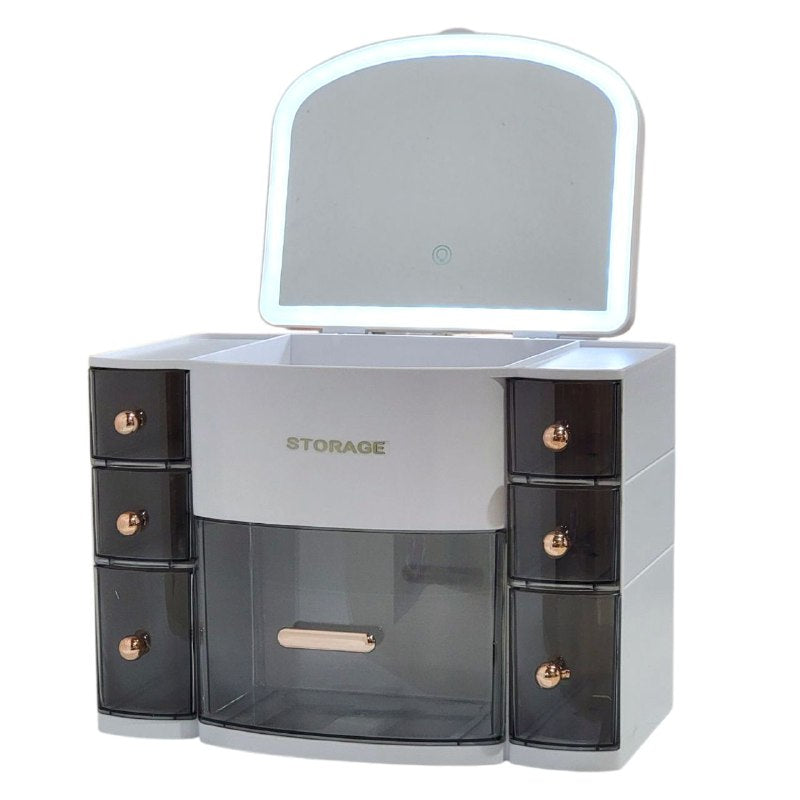 ORGANIZADOR ESTANTE DE COSMETICOS, MAQUILLAJE CON 8 COMPARTIMIENTOS, ESPEJO CON LUZ LED 3 MODOS DE INTENSIDAD, COLOR BLANCO STORAGE