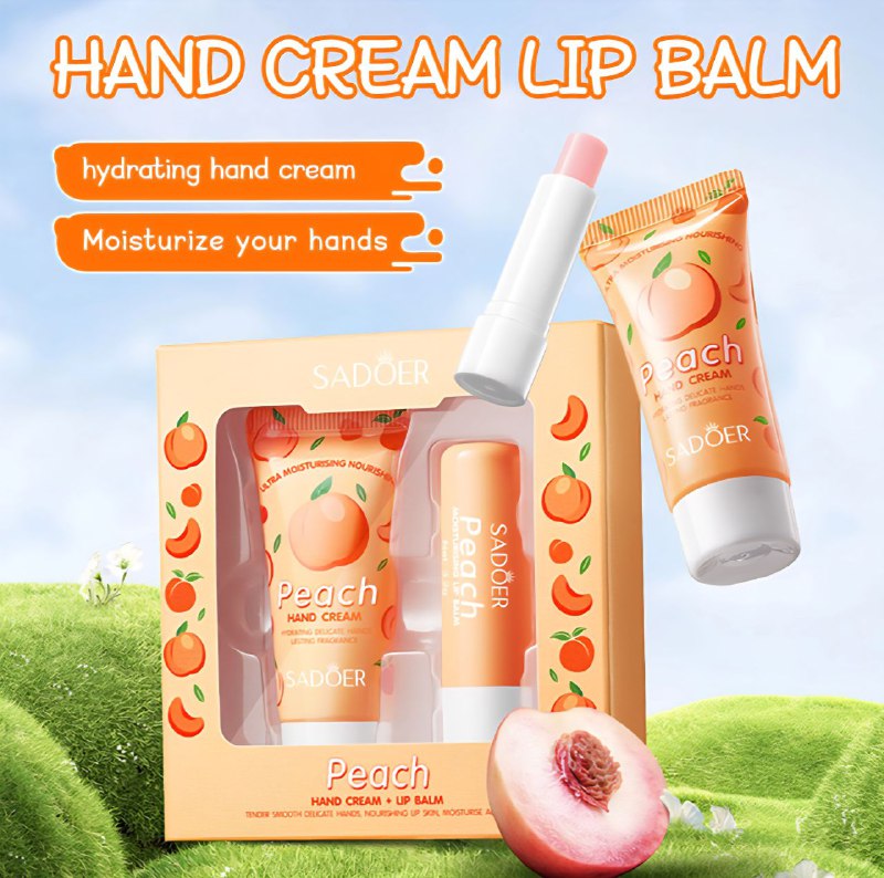 SET DE CUIDADO CORPORAL CREMA DE MANOS Y BALSAMO LABIAL CON FRAGANCIA A MELOCOTON 2PCS SADOER