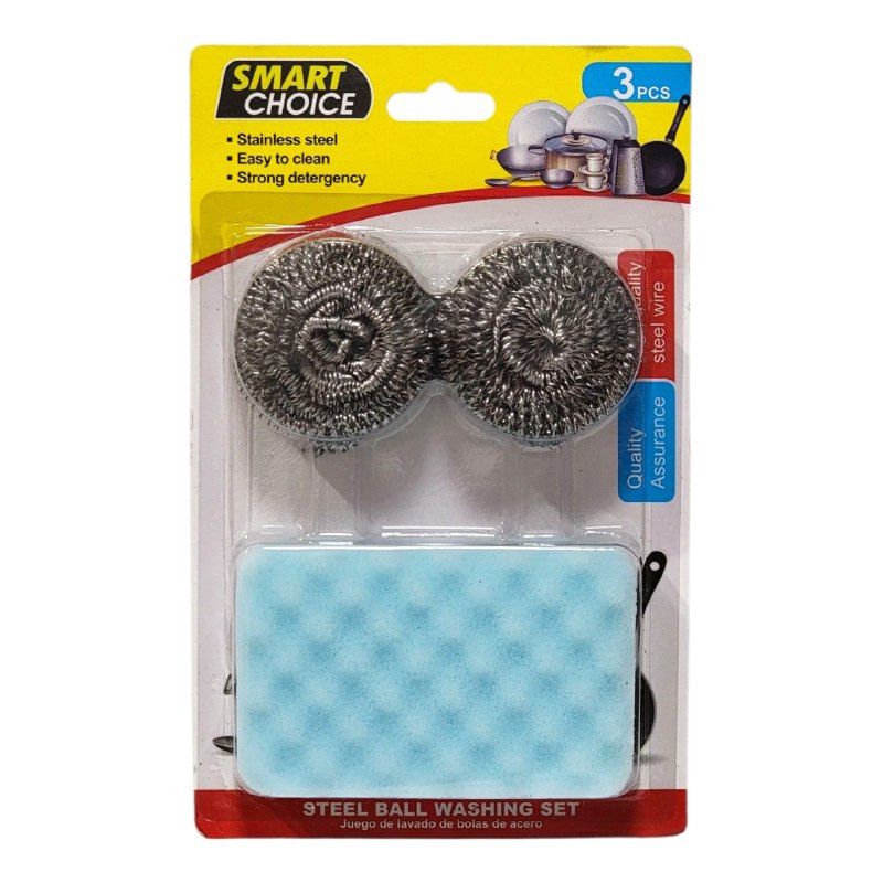 ESPONJA EN SET DE LAVADO DE BOLAS DE ACERO INOXIDABLE LAVA PLATOS SMART CHOICE, 3 COLORES