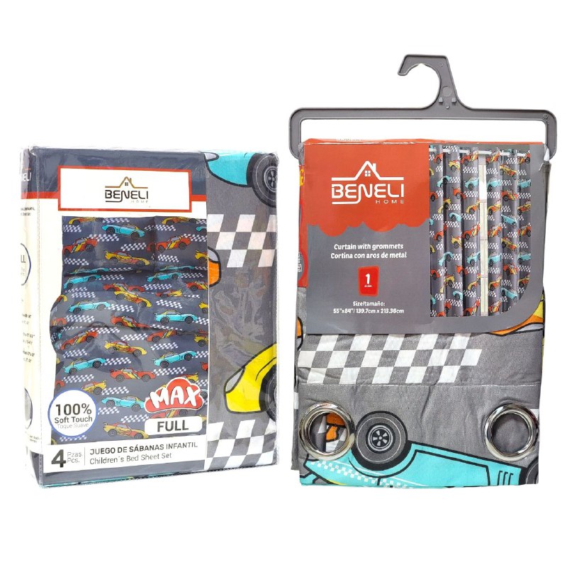 JUEGO DE SABANAS MATRIMONIAL EN SET CON CORTINAS PARA NIÑOS DE 6 PIEZAS CARROS BENELI HOME