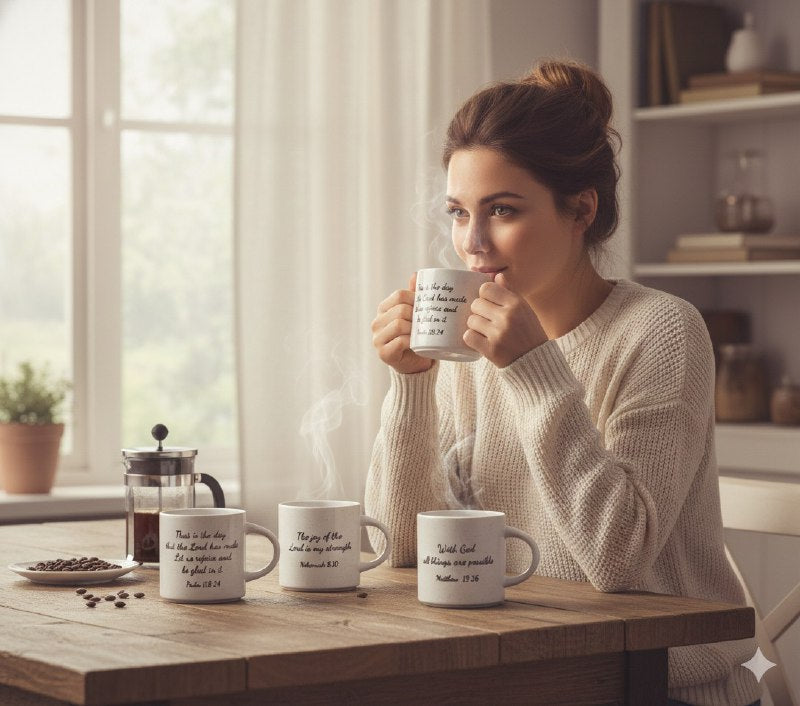 JUEGO DE 4 TAZAS DE CAFE APILABLES CON ESTANTE DE METAL ELEGANTES DE VERSICULOS BIBLICOS 9X10CM