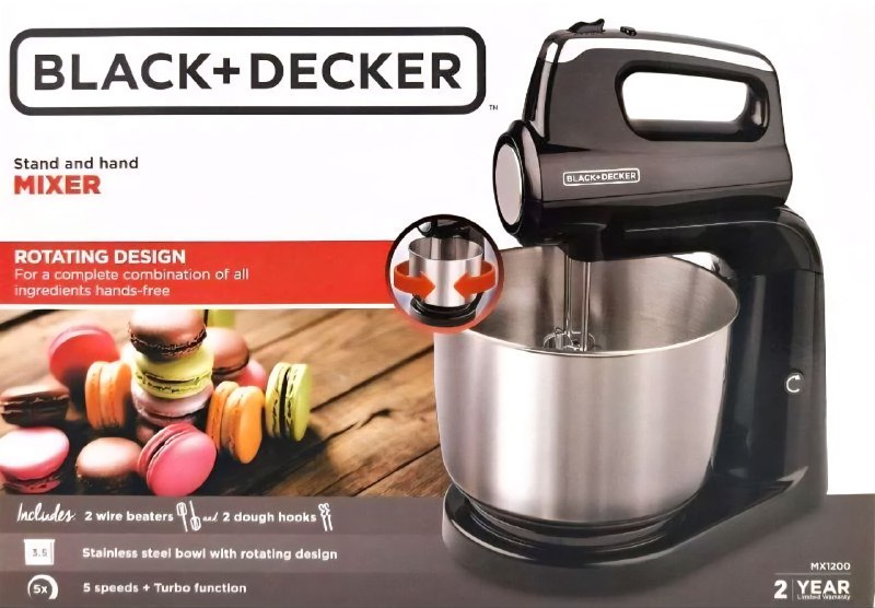 MAQUINA BATIDORA DE MANO, 5 VELOCIDADES, FUNCION TURBO, MOTOR POTENTE 250W, ACERO INOXIDABLE, CAPACIDAD 3.5L BLACK+DECKER