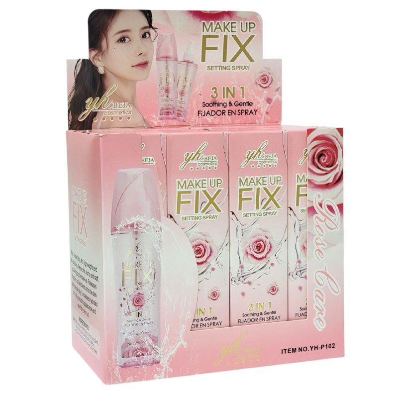 FIJADOR DE MAQUILLAJE EN SPRAY 3 EN 1 QUE CALMA Y SUAVIZA LA PIEL 150ML, SU FORMULA LIGERA Y DE RAPIDA ABSORCION DEJA LA PIEL TERTSA Y SUAVE EN LA QUE PERDURA EL MAQUILLAJE YH BEJA COSMETICS