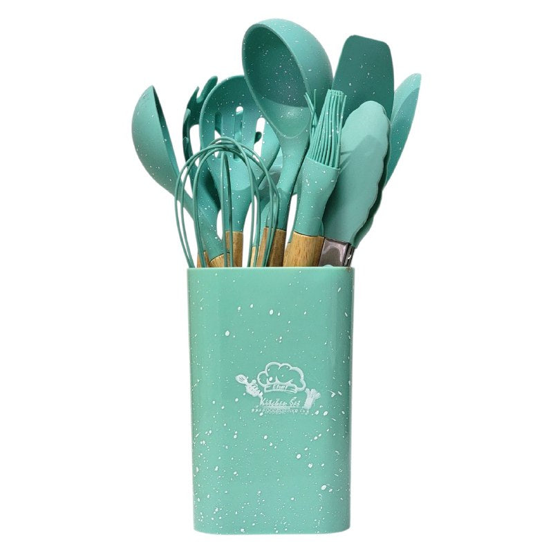 JUEGO DE UTENSILIOS DE COCINA DE SILICONA CON SOPORTE PLASTICO DE 12 PIEZAS, DISEÑADO PARA SOPORTAR TEMPERATURAS DE 30 A 130 GRADOS, SILICONA FLEXIBLE Y SUAVE, 5 COLORES KITCHEN & DINNING