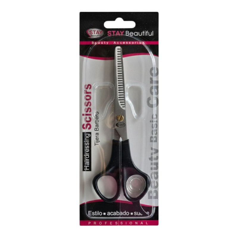 TIJERA DE BARBERO PARA CORTAR PELO CON HOJA DENTADA Y HOJA LISA STAY BEAUTIFUL 15CM