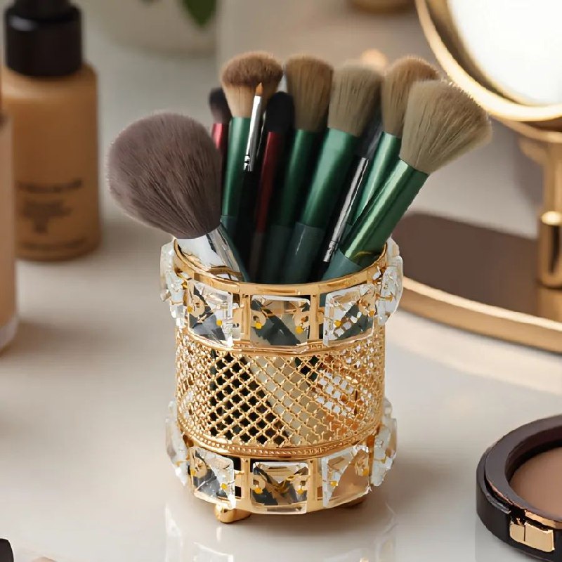 ORGANIZADOR DE BROCHAS DE MAQUILLAJE CON DIAMANTES DE IMITACION COLOR DORADO