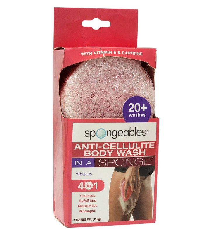 GEL DE DUCHA ANTICELULITICO EN ESPONJA 4 EN 1, LIMPIA, EXFOLIA, HIDRATA, MASAJEA CON VITAMINA E Y CAFEINA SPONGEABLES 113G