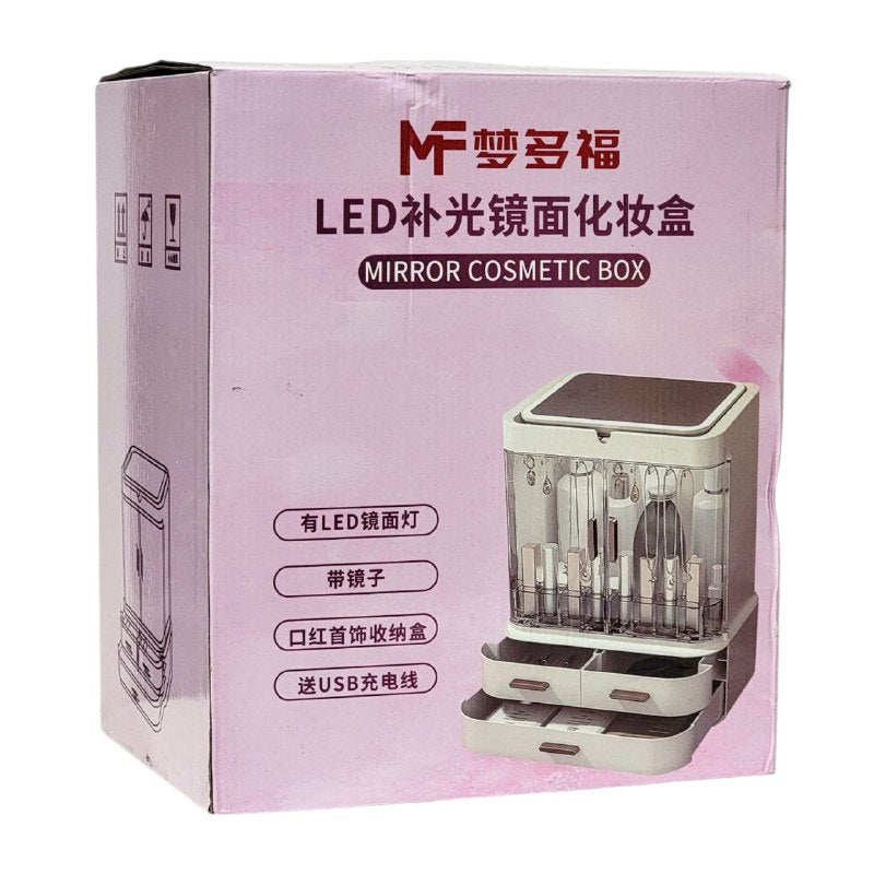 ORGANIZADOR ESTANTE DE COSMETICOS MAQUILLAJE CON ESPEJO AJUSTABLE 360 GRADOS CON LUZ LED, CABLE USB