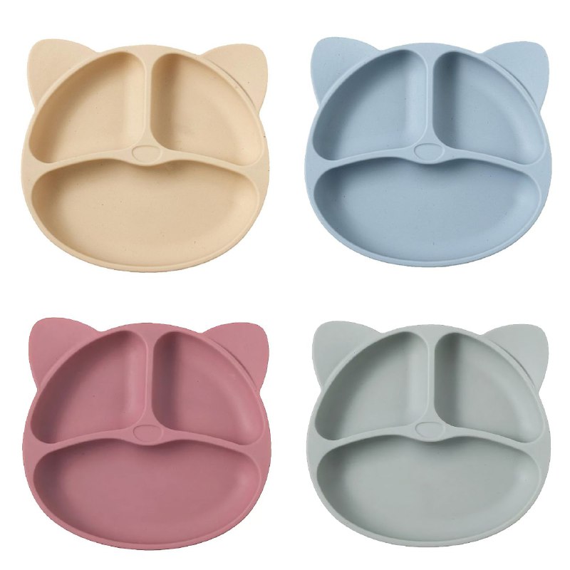 PLATO EN SET INFANTIL DE 4 DIVISIONES DE GATO PARA BEBES NO TOXICO 4 COLORES