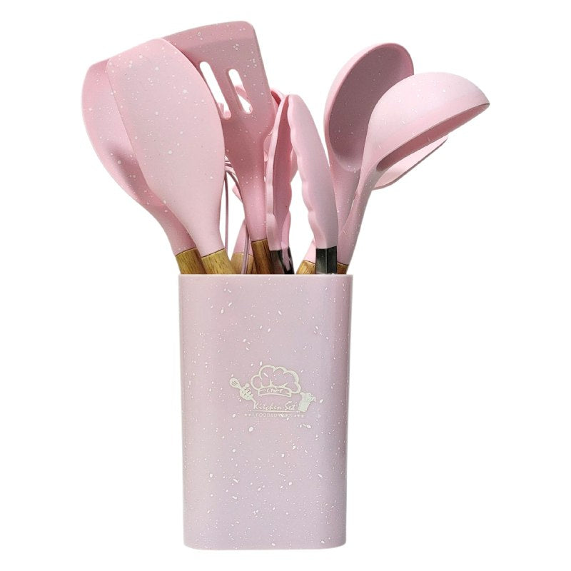 JUEGO DE UTENSILIOS DE COCINA DE SILICONA CON SOPORTE PLASTICO DE 12 PIEZAS, DISEÑADO PARA SOPORTAR TEMPERATURAS DE 30 A 130 GRADOS, SILICONA FLEXIBLE Y SUAVE, 5 COLORES KITCHEN & DINNING