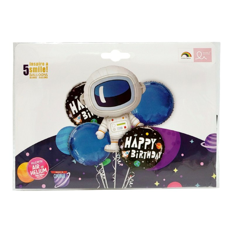 SET DE GLOBOS DE DECORACION DE PAPEL METALIZADO TEMATICA DE ASTRONAUTA 5PCS