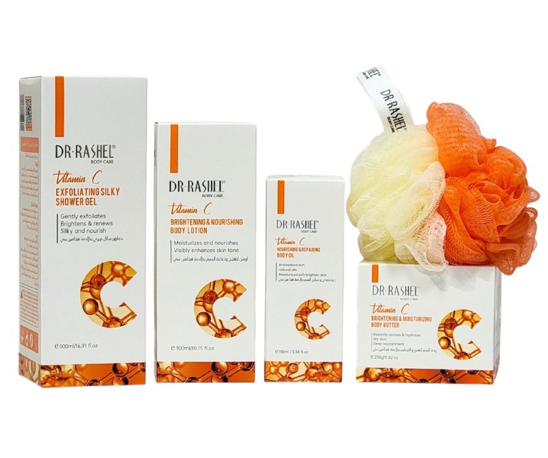 SET DE CUIDADO CORPORAL NUTRITIVO E ILUMINADOR CON VITAMINA C DE 4PCS DR. RASHEL BODY CARE