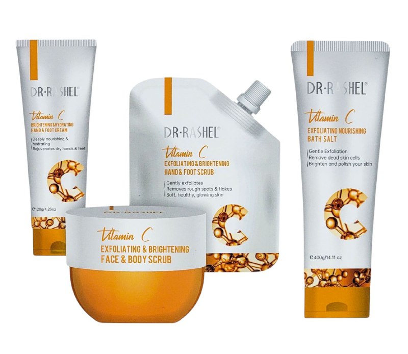 SET DE LIMPIEZA CORPORAL EXFOLIANTE Y NUTRITIVO VITAMINA C DE 4 PIEZAS DR RASHEL BODY