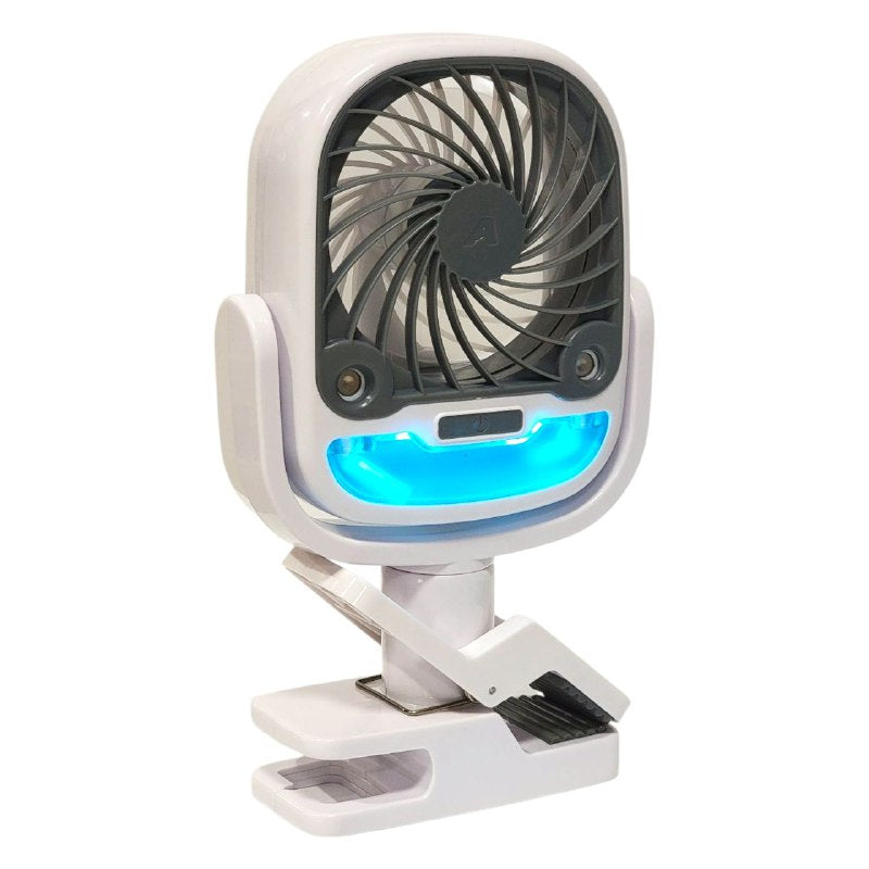 VENTILADOR PORTATIL CON CLIP EXTRA FUERTE, 3 VELOCIDADES, SILENCIOSO, 360 GRADOS, INALAMBRICO Y RECARGABLE, ENFRIADOR Y HUMIFICADOR CON LUZ LED, BATERIA 5H ARTIC COOL CLAMP