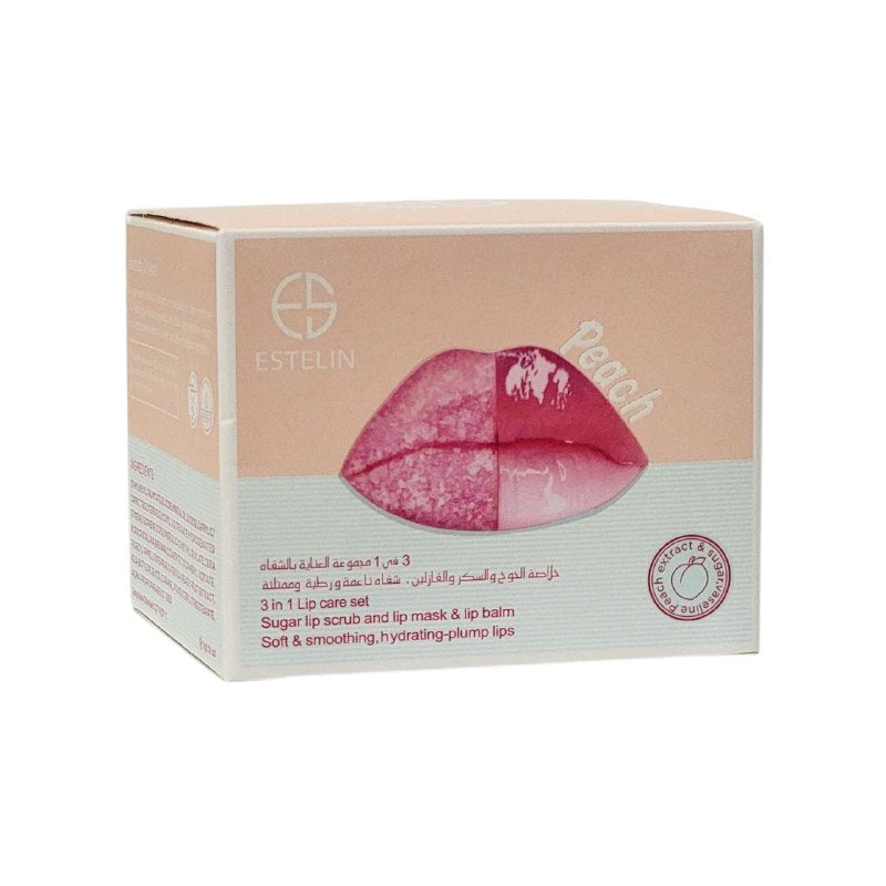 MASCARILLA HIDRATANTE PARA LABIOS EN SET 3 EN 1 BALSAMO HIDRATANTE MELOCOTON, AZUCAR Y VASELINA ESTELIN 5G