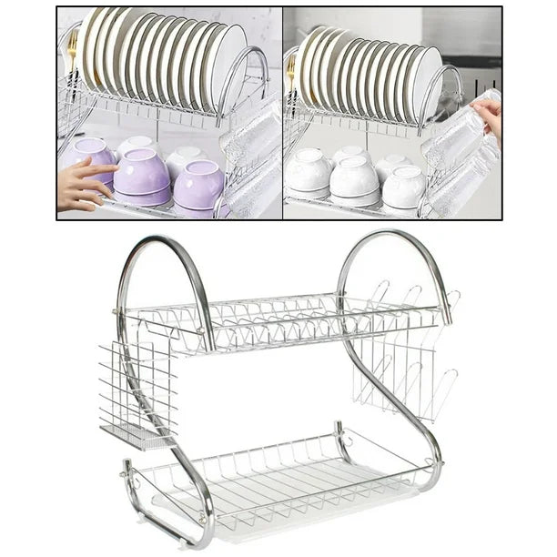 ESTANTE ORGANIZADOR ESCURRIDOR DE PLATOS DE 2 CAPAS, ESTANTES EXTRAIBLES, DRENAN EL AGUA FACIL DE MANTENER LIMPIOS Y ORDENADOS, GALVANIZADO ESTRUCTURA FUERTE NEW ARRIVAL 36X11.5X24CM