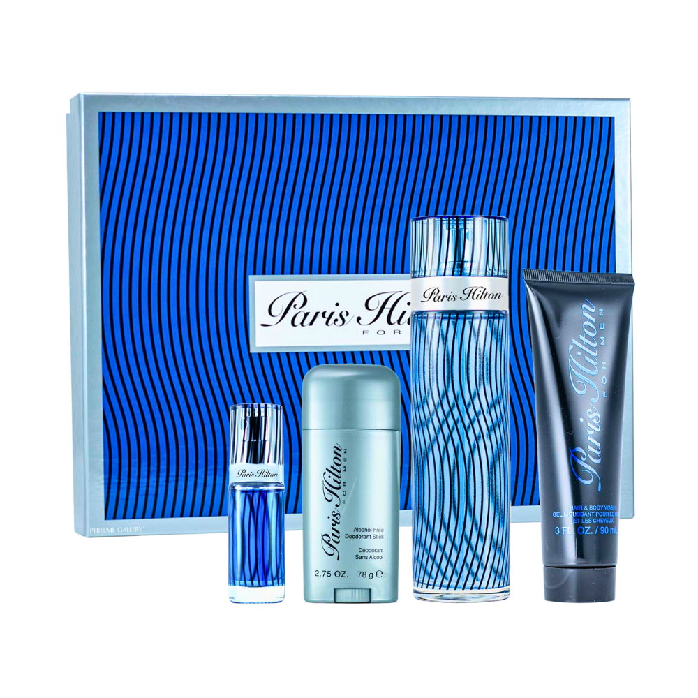 SET PARIS HILTON FOR MEN EDT 100ML,MINI EDT 7.4ML HAIR & BODY WASH 90ML, DESODORANTE EN BARRA 78G (H)