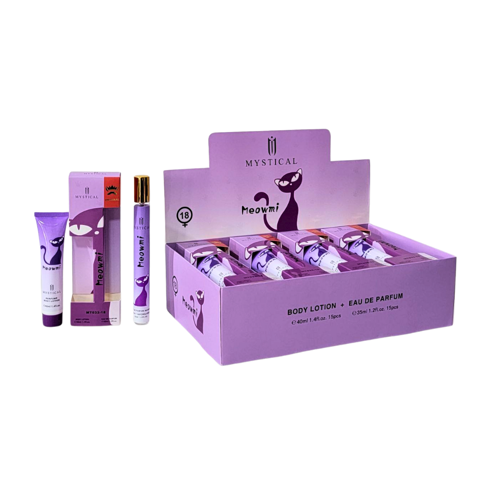 SET PERFUME EN TUBO PARA DAMA MYSTICAL 18 MEOWMI EDP 35ML, BODY LOTION 40ML (M)