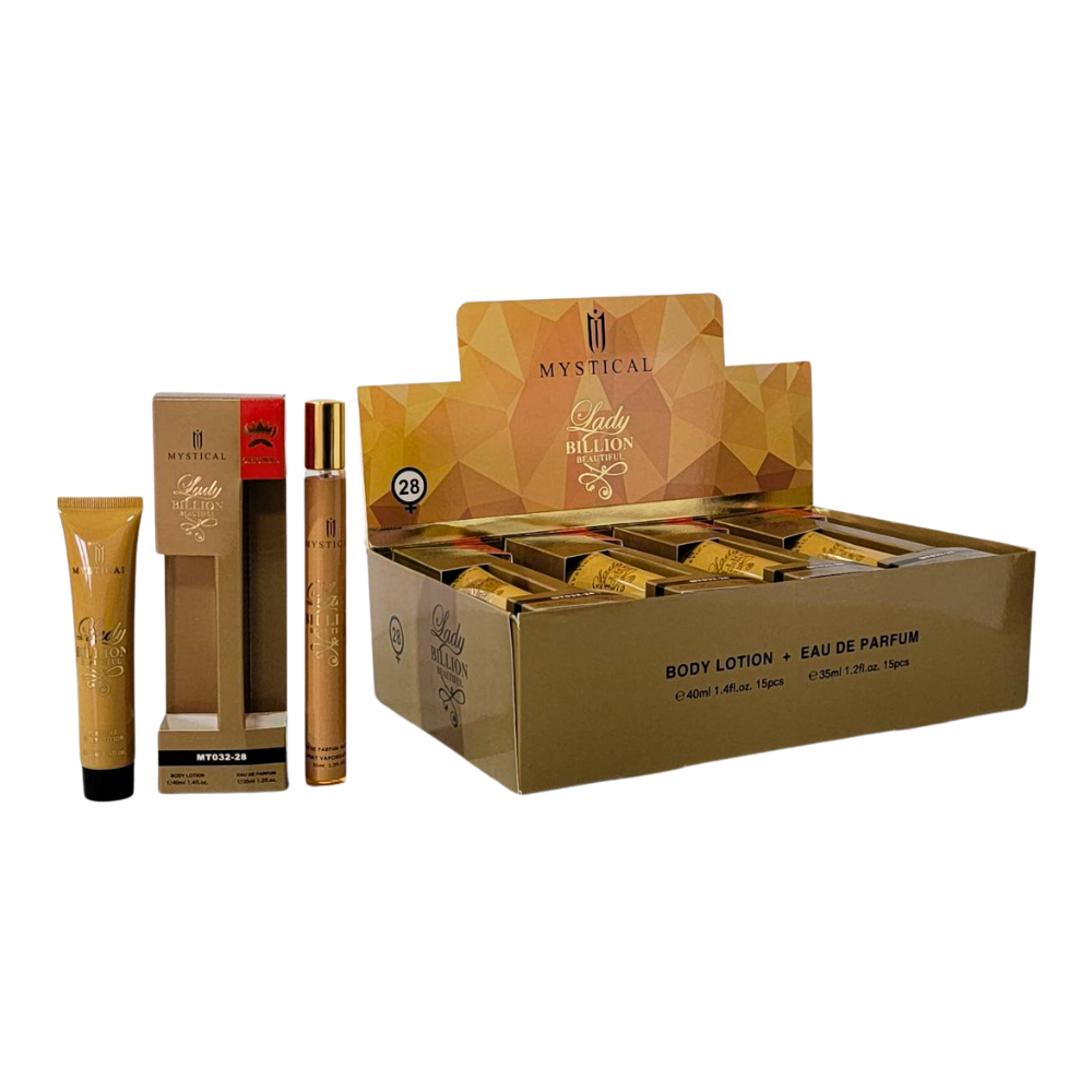 SET PERFUME EN TUBO PARA DAMA MYSTICAL 28 LADY BILLION BEAUTIFUL EDP 35ML, BODY LOTION 40ML (M)