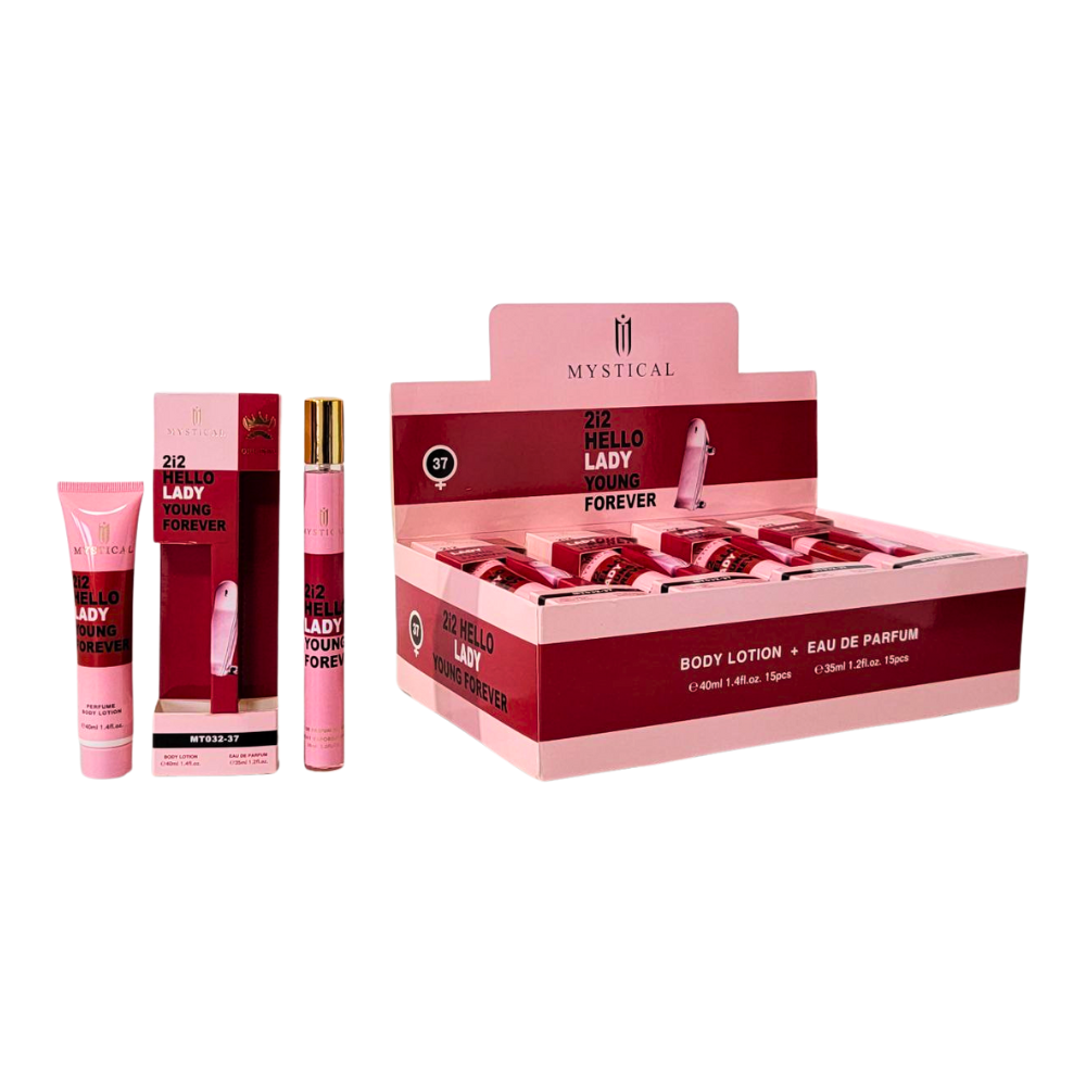 SET PERFUME EN TUBO PARA DAMA MYSTICAL 37 2i2 HELLO LADY YOUNG FOREVER EDP 35ML, BODY LOTION 40ML (M)